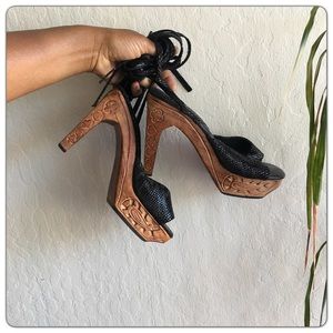 Black Leather Wood Clog Heels - size 49 or 8-8.5